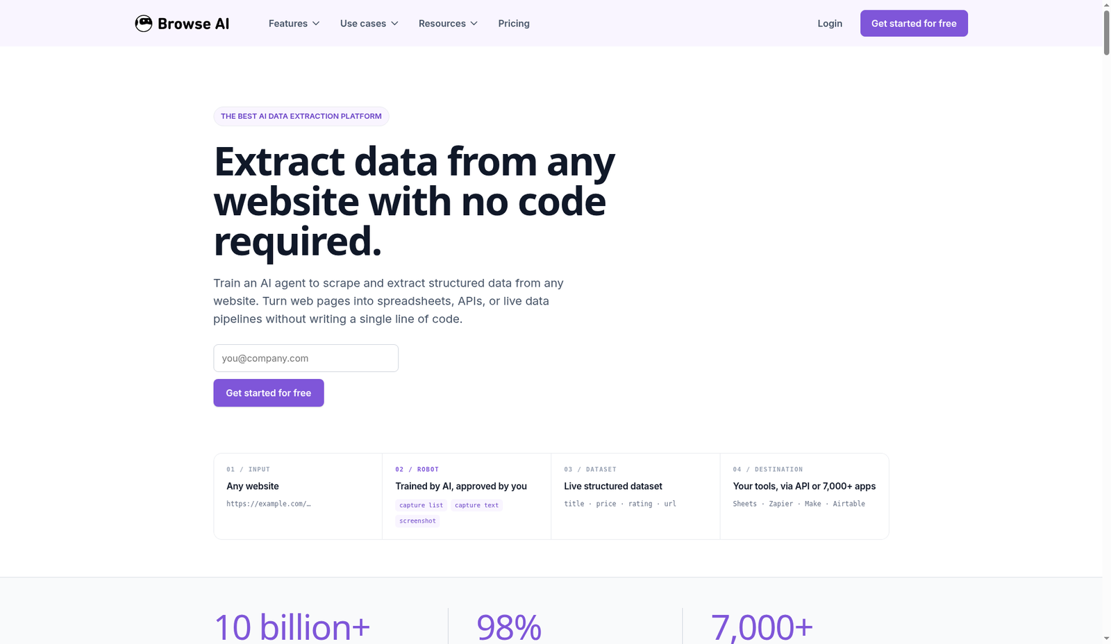 Browse AI extract flow — input, robot, dataset, destination