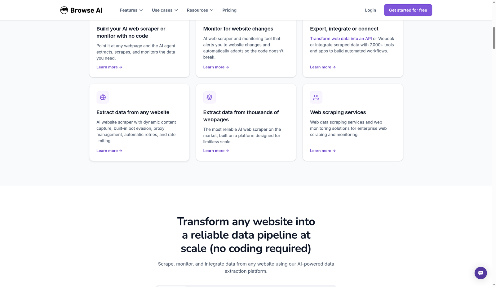 Browse AI feature grid — no-code scraper, monitoring, integrations