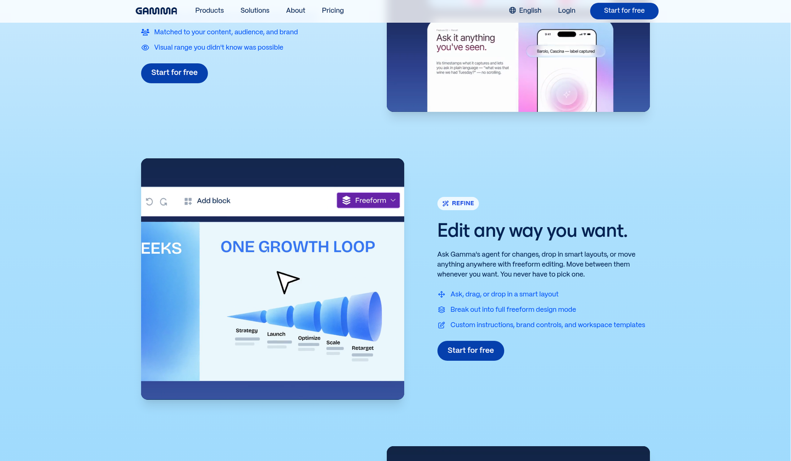 Gamma homepage — edit any way you want / freeform editor mock