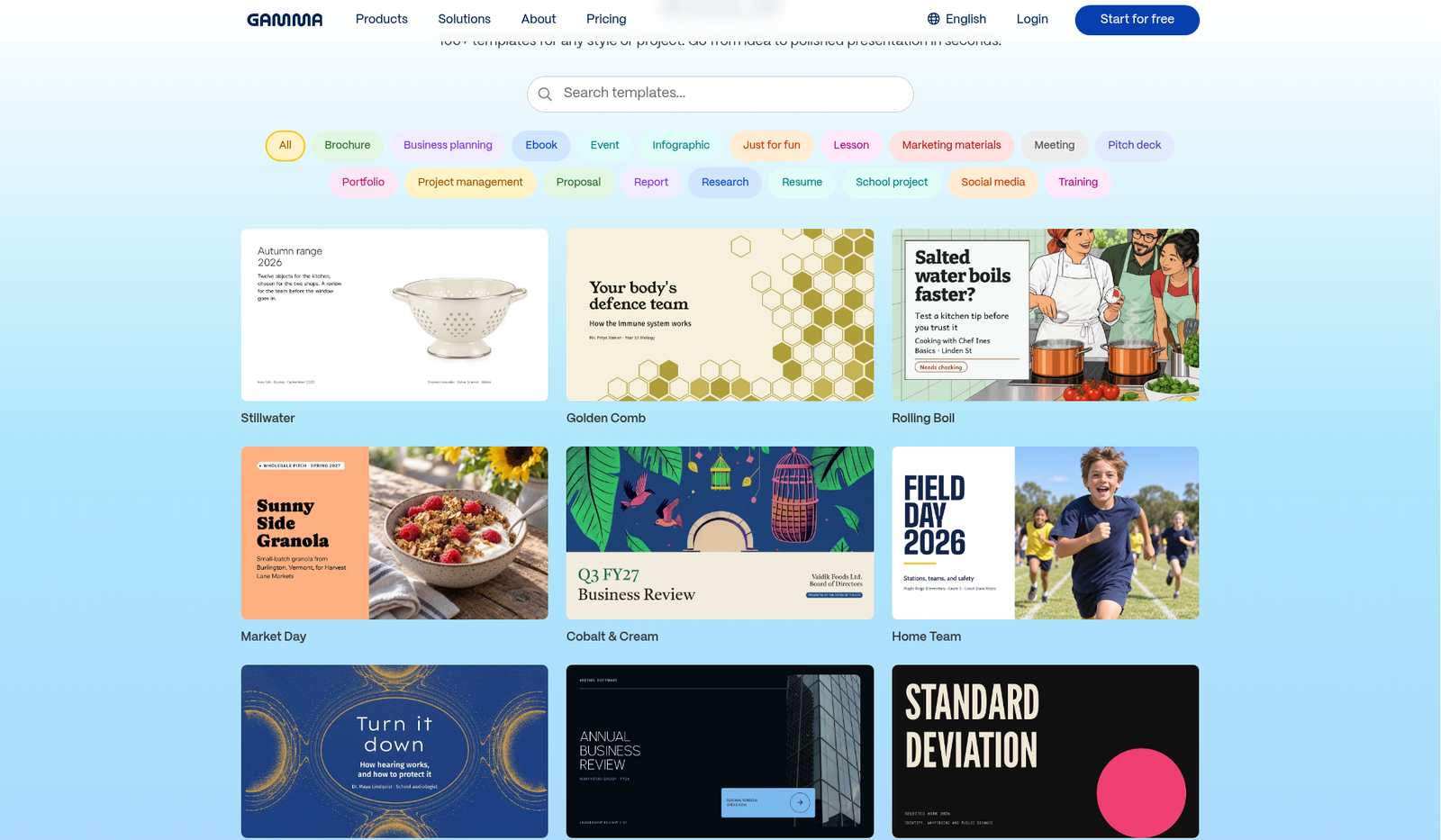 Gamma template gallery with categories