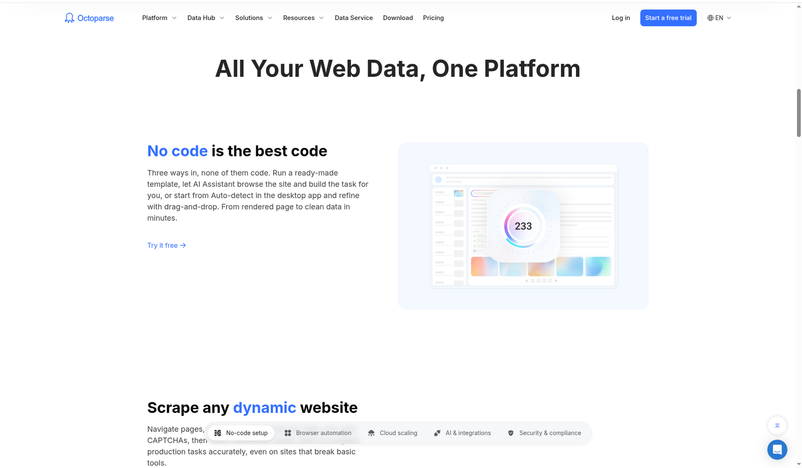 Octoparse platform section — no-code UI and dynamic-site scraping