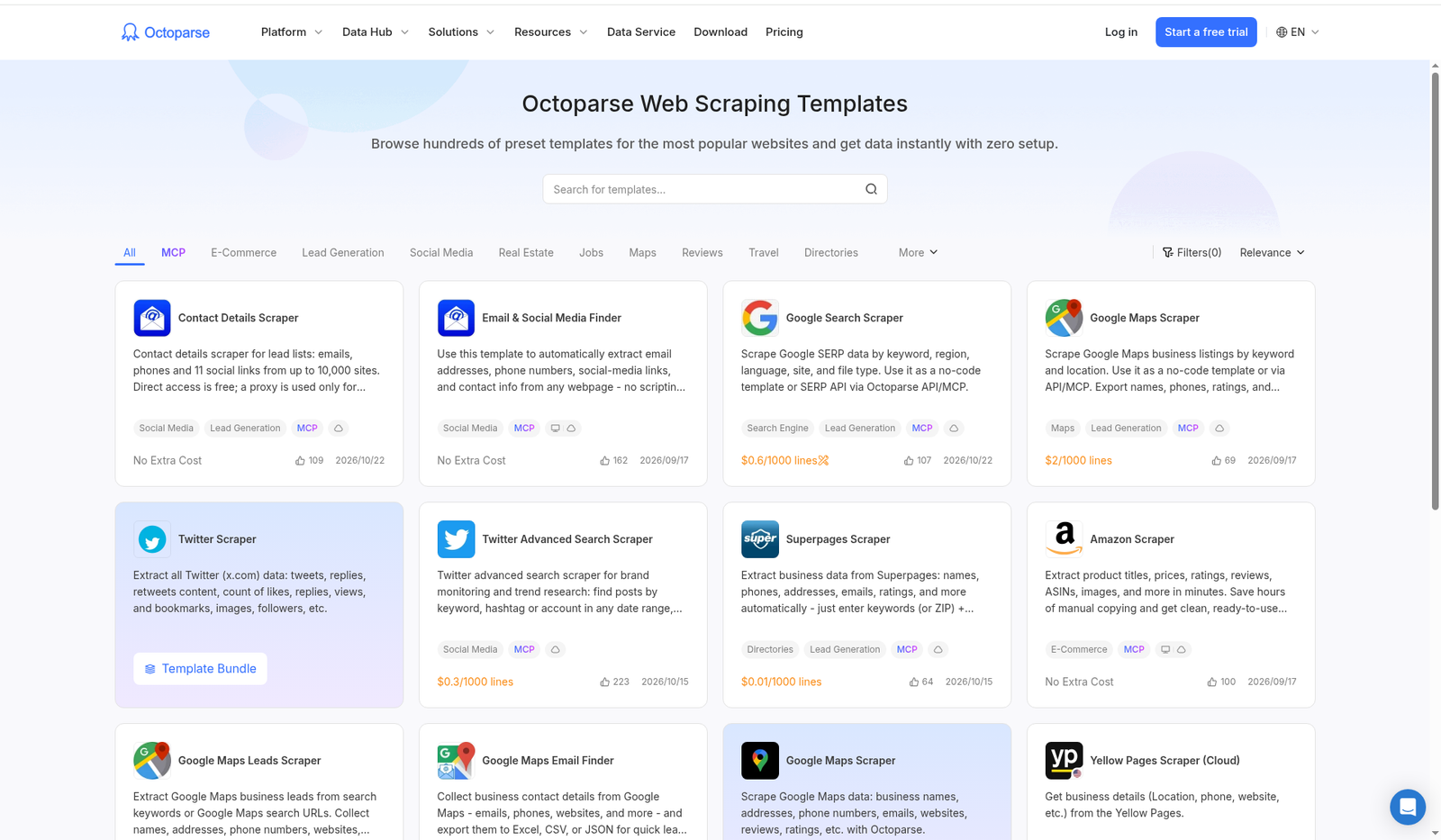 Octoparse template gallery — search and scraper cards